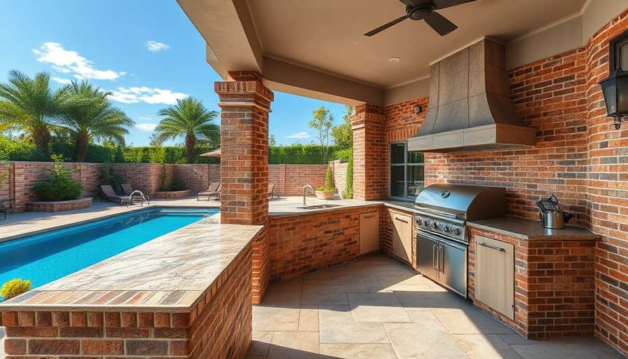 Weatherproof outdoor kitchen with grill by pool, sunny day.