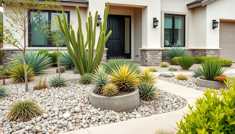 Xeriscape front yard landscaping design with desert plants and pebble pathway.