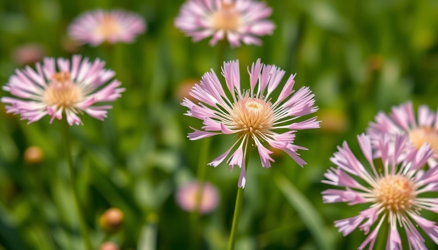 Delicate pink strawflowers blooming in a garden, sunny day.
