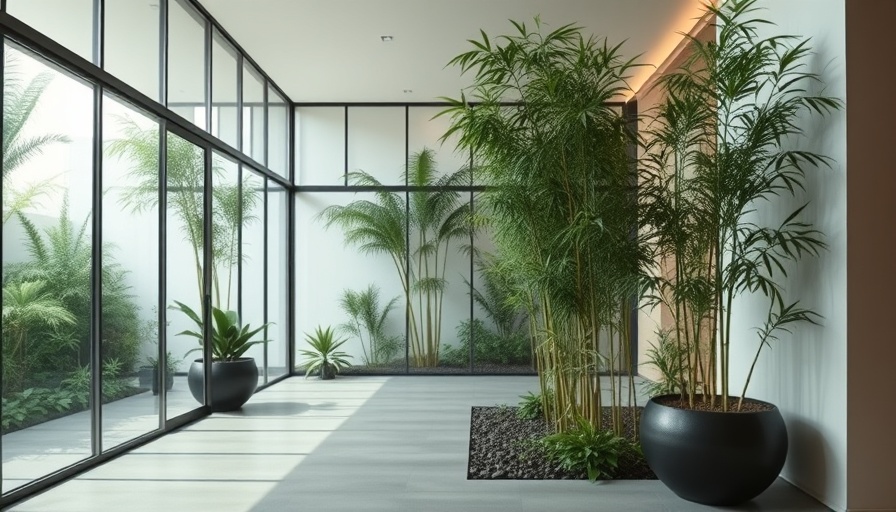 Modern dry indoor garden design with bamboo and glass panels.