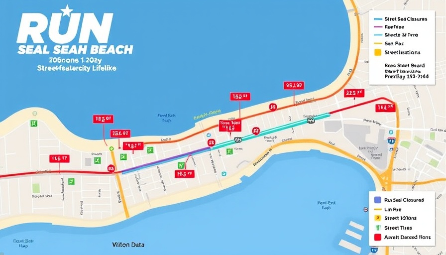 Map of Run Seal Beach 5K 10K street closures with times indicated.
