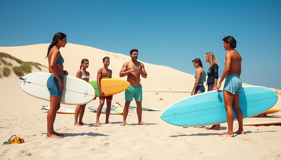 Surf instructor with students on UK beach, Surf Schools in the UK and Ireland.