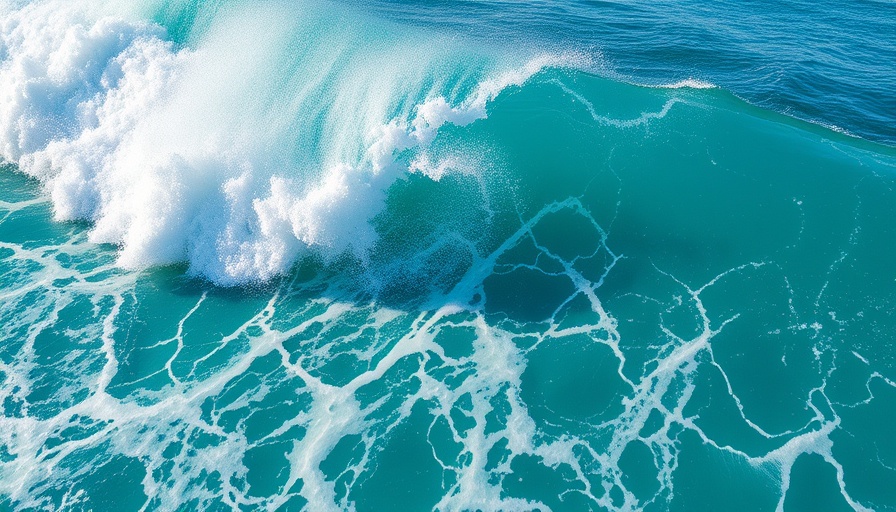 Aerial view of turquoise wave in ocean, Surfing New Breaks Abroad.