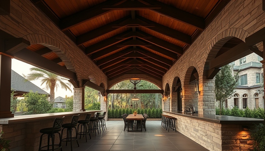 Luxurious patio outdoor dining area decor ideas with wooden beams and stone accents.