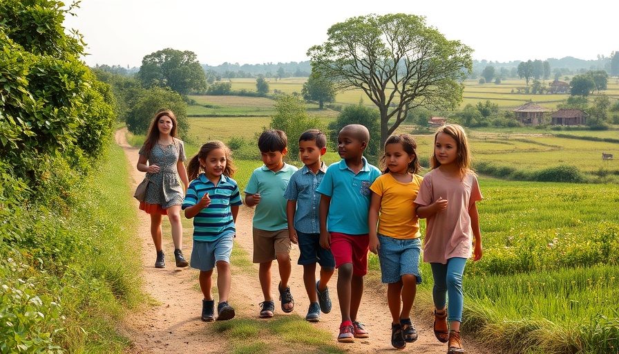 Group of children on nature walk for environmental education and kindness.