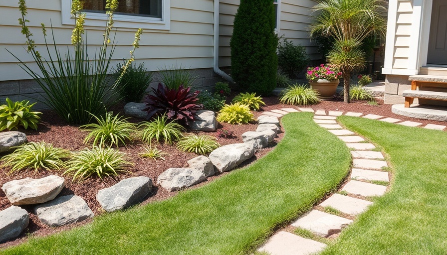 Charming small side yard garden with plants and stone path.
