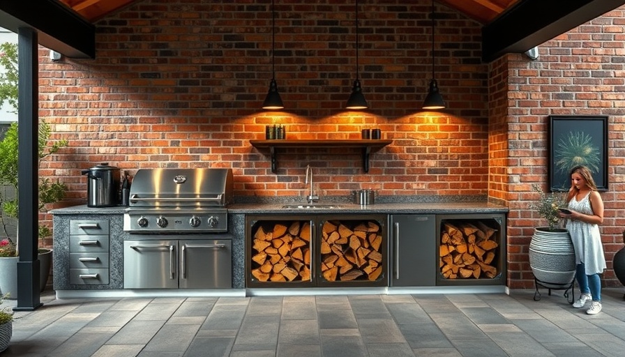 Industrial outdoor kitchen design with BBQ and wood storage.