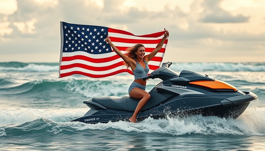 Surfers’ Hall of Fame Induction: Celebrating surfer with flag on jetski.