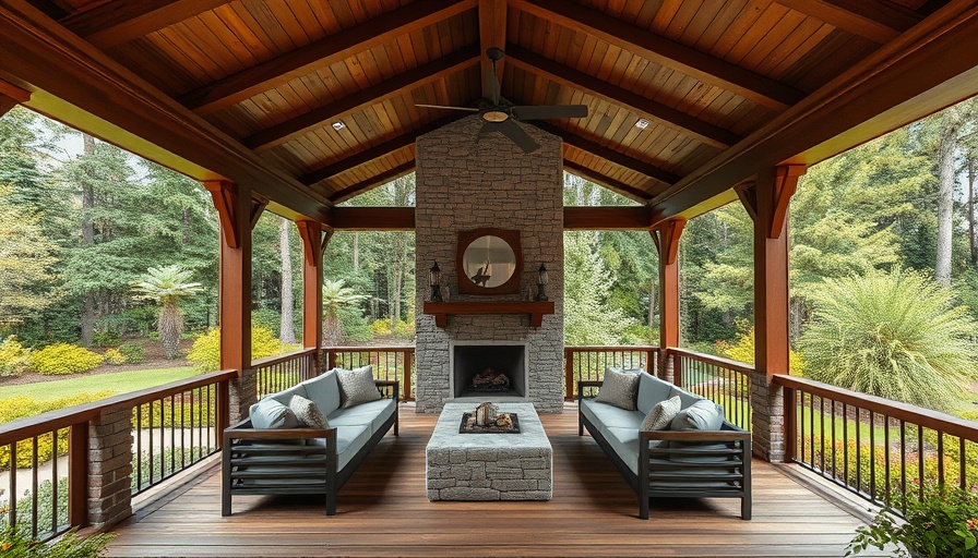 Stylish covered deck design ideas with stone fireplace and cozy seating.