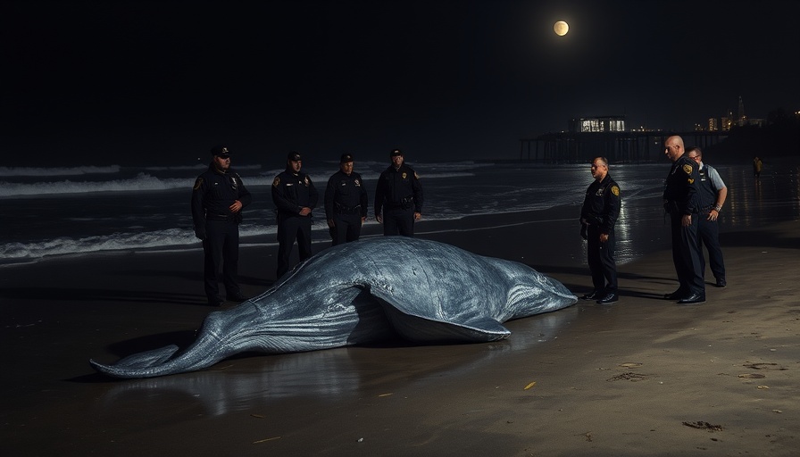Dead whale in Huntington Beach with police at night.