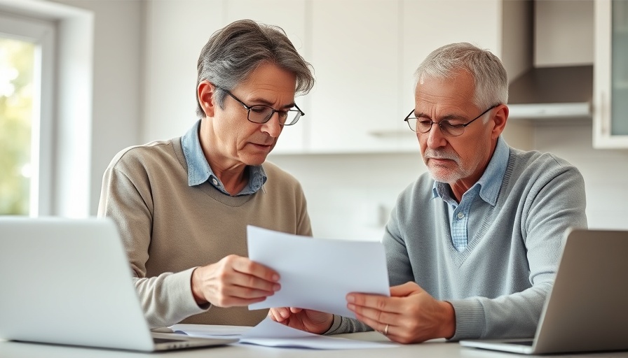 Middle-aged couple managing finances in bright kitchen, team effort.