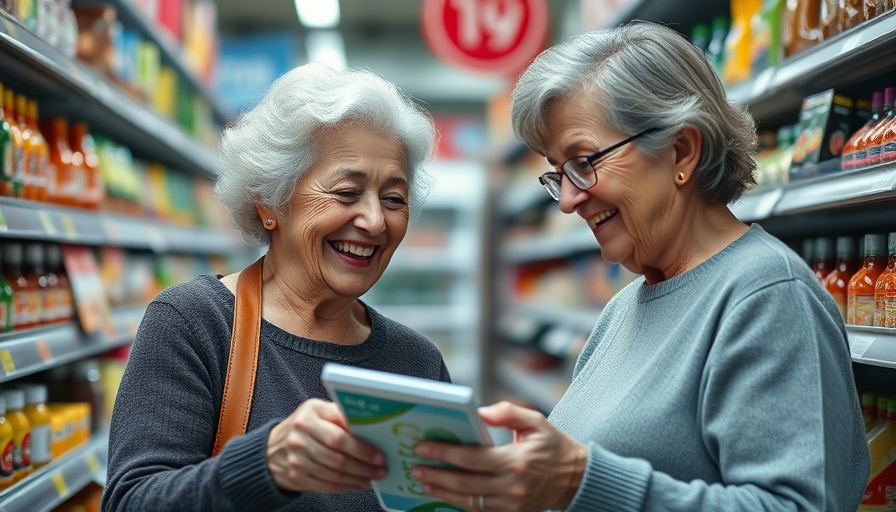 Older women shopping in a grocery store aisle, smiling.
