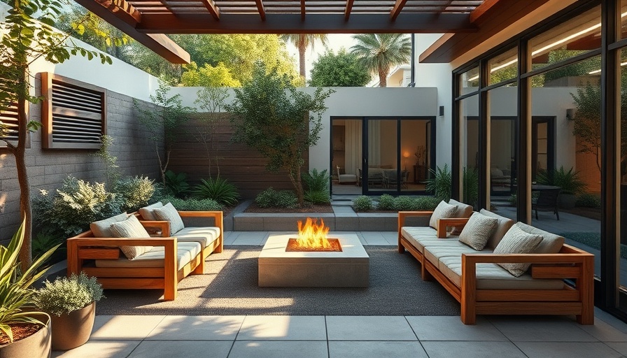Elegant sunken outdoor seating area design with greenery and fire pit.