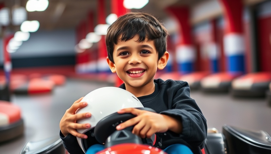 Cheerful child on a go-kart in Huntington Beach track