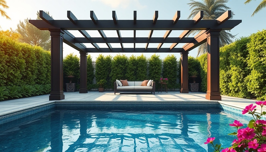 Elegant outdoor pool area with stylish landscaping and pergola