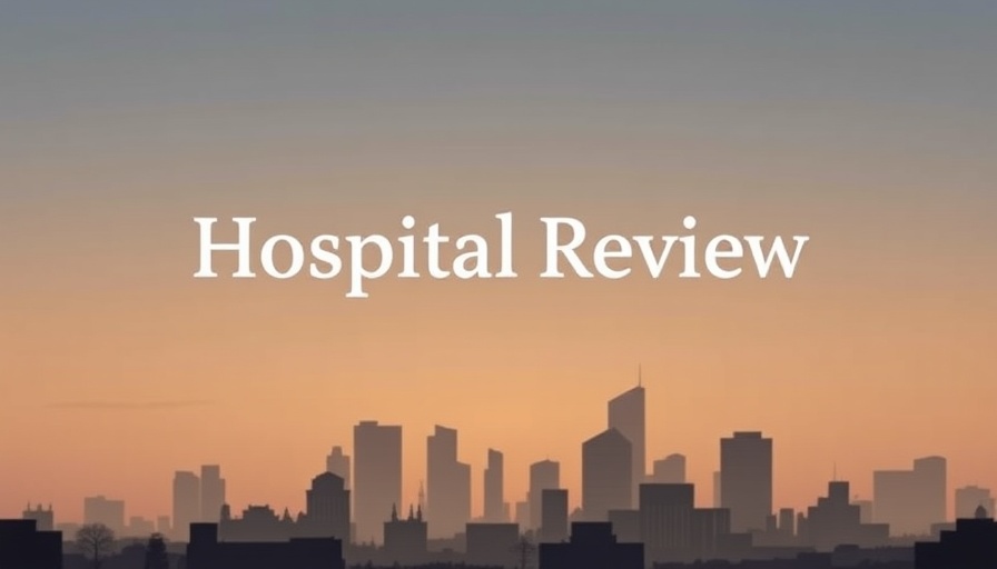 Minimalistic hospital review cover with cityscape, opioid prescription fraud allegations.
