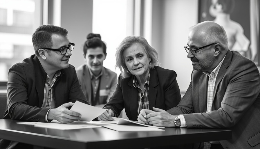 Diverse group discussing Medicare open enrollment at a table, black and white.