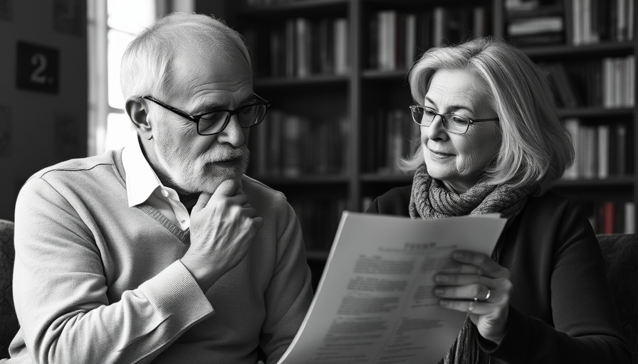 Elderly man and woman discussing documents for future health care needs.