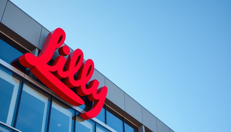 Lilly logo on building facade against blue sky.