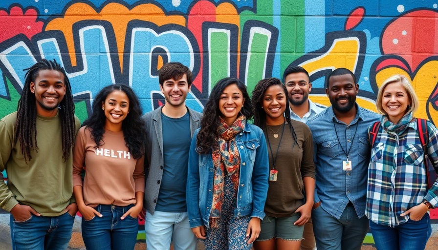 A diverse group supporting rural health programs in front of a vibrant mural.
