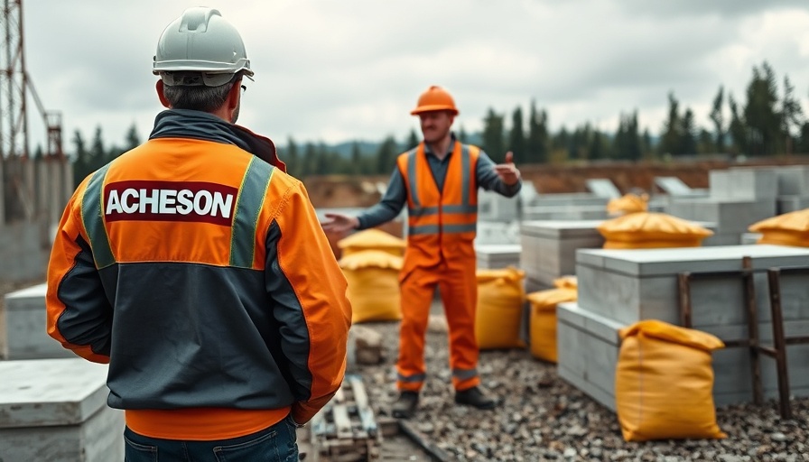 Acheson construction workers discussing site, overcast day.