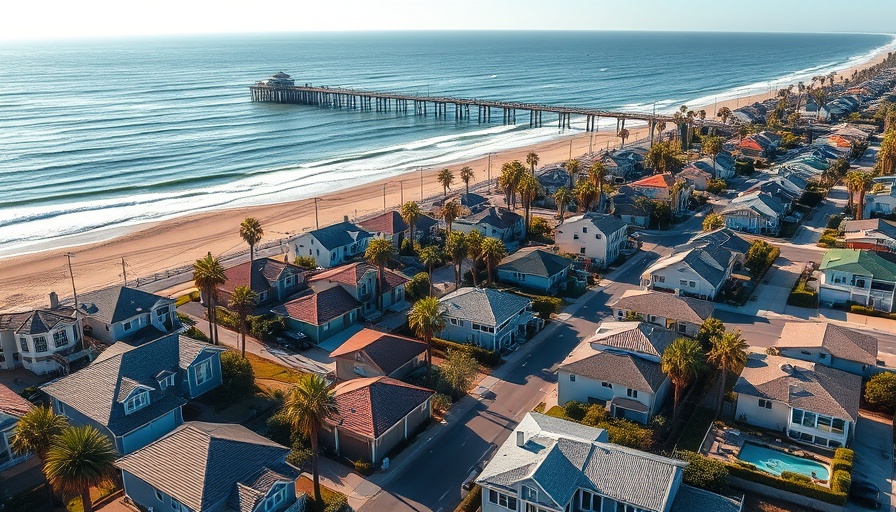 Aerial view of Huntington Beach housing with ocean and pier.