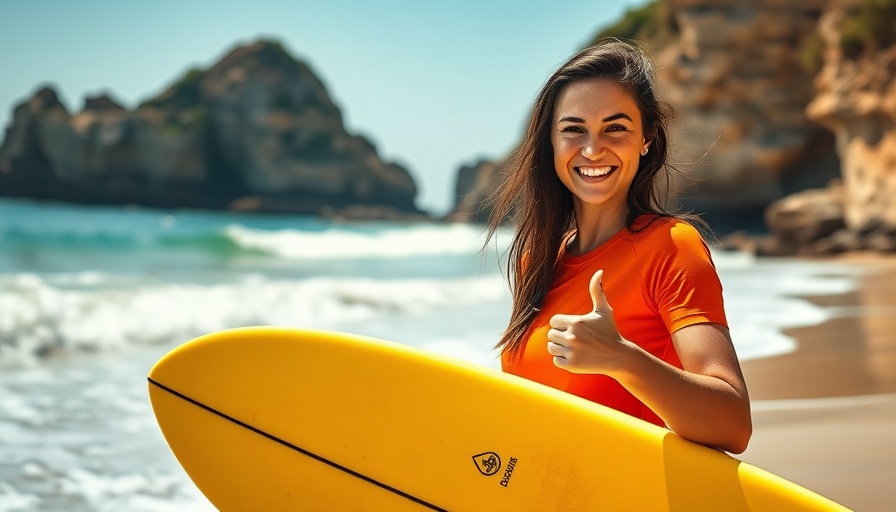 Woman enjoying summer surf destinations with a surfboard on a beach.