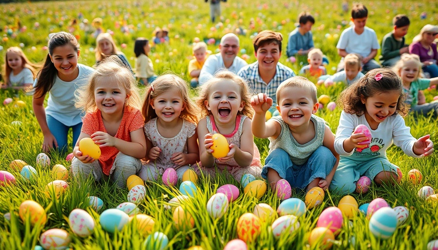 Children enjoying 2025 HB Easter Egg Hunt on a sunny day.
