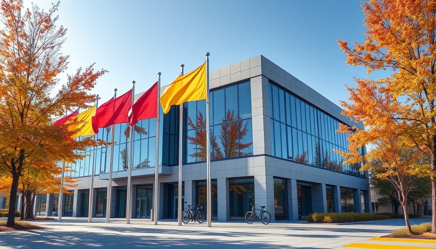 Pharmaceutical company building with flags, bicycles, autumn setting