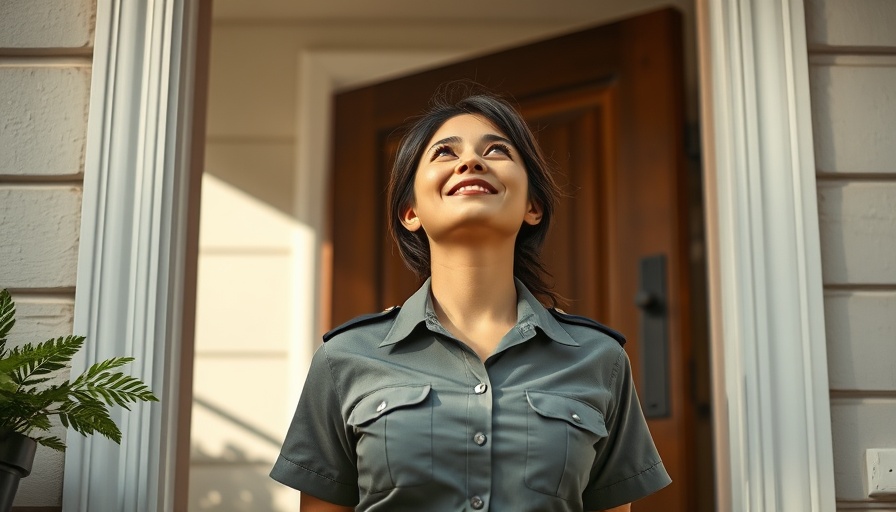 Woman in uniform demonstrating earthquake safety tips in a doorway.