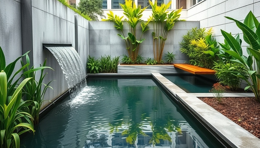 Modern garden pond with waterfalls and greenery.