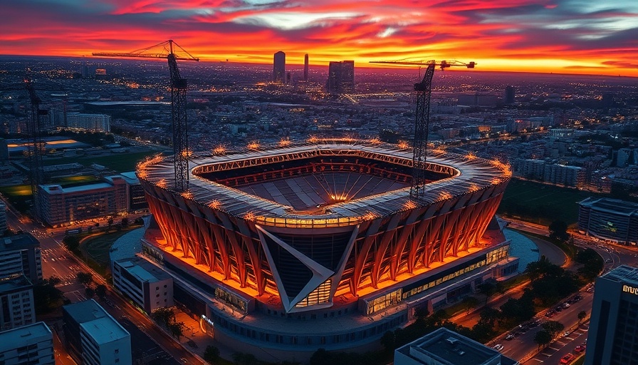 Modern stadium construction in cityscape at dusk, Luton Town new stadium.
