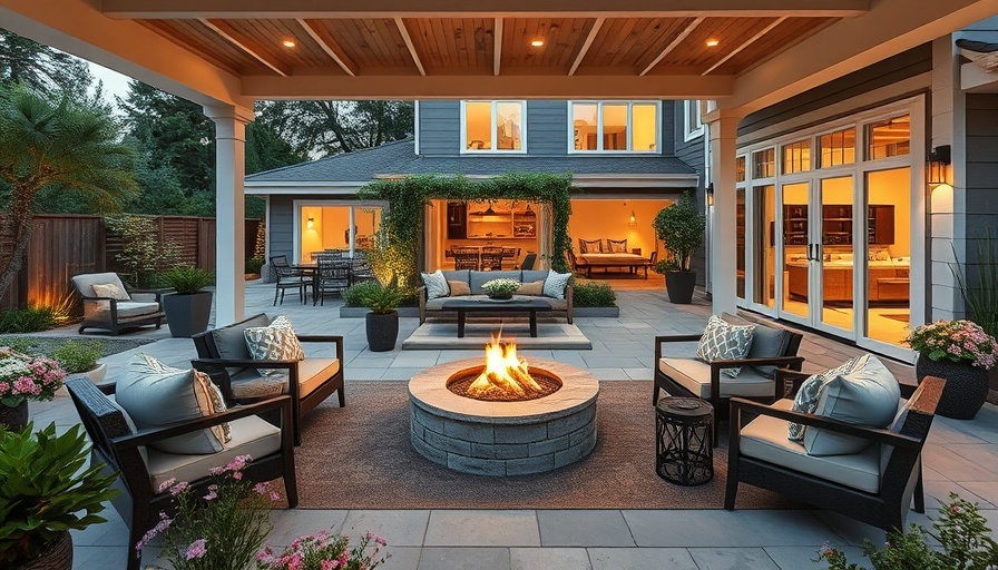 Elegant modern outdoor living space design with fire pit and seating.