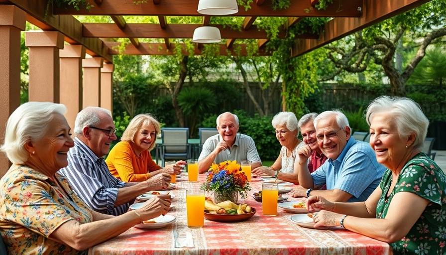 Seniors dining together outdoors under a pergola at a nursing facility.