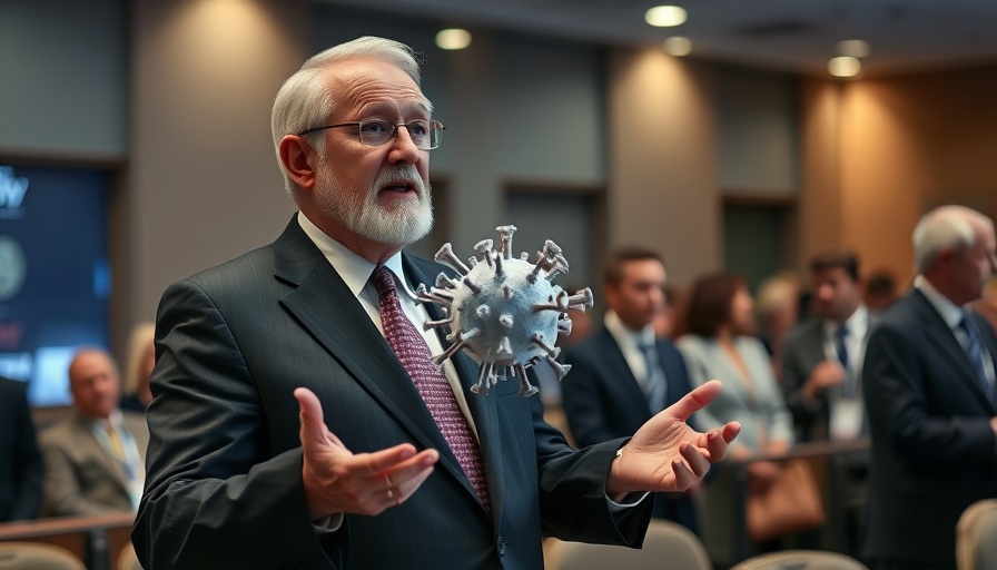Elderly man discusses healthcare policy news with virus model in hand.