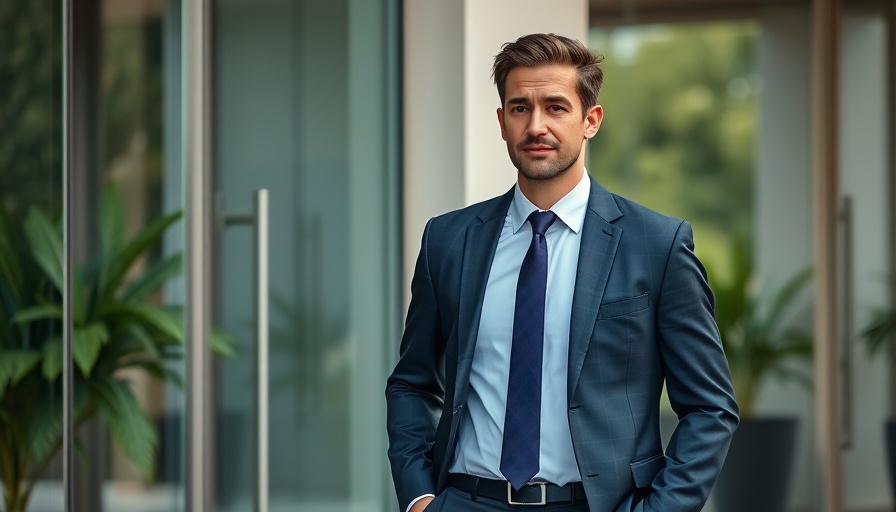 Businessperson near glass doors reflecting greenery, FY26 Budget Proposal Healthcare Cuts.
