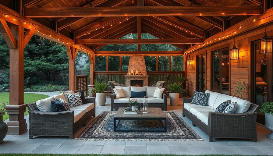 Covered patio living space with cozy seating and fire pit.