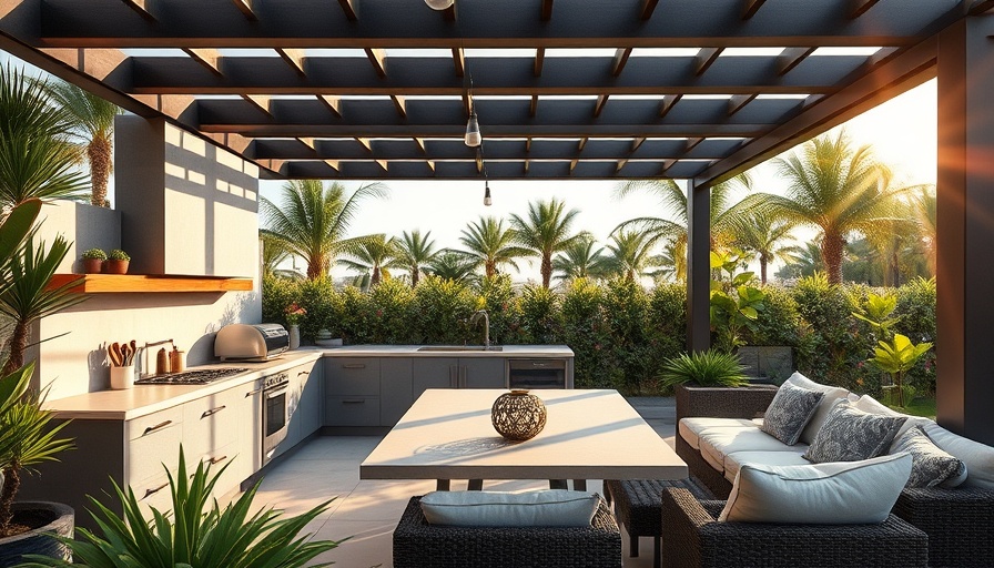 Modern pergola outdoor kitchen design with seating and greenery.