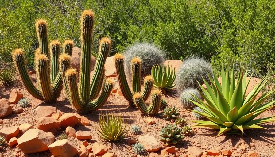 Zeroscape backyard with cacti and red rocks, vibrant desert landscaping.