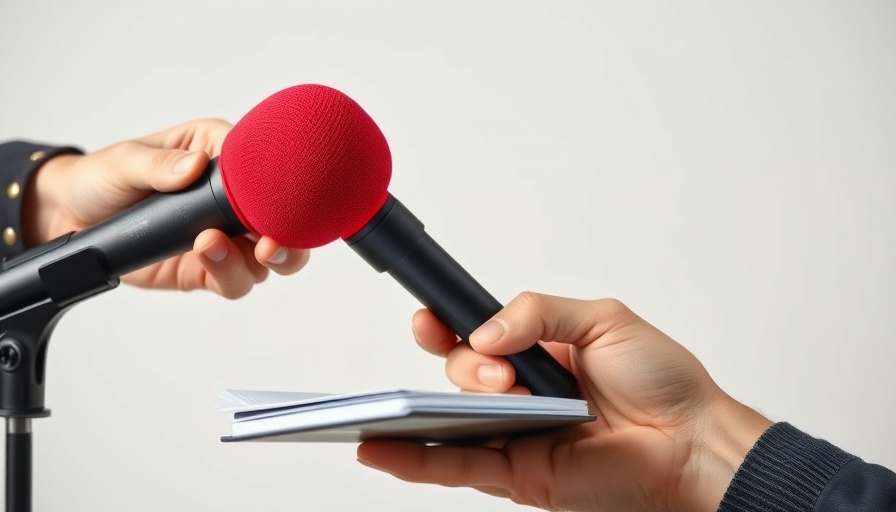 Interviewer with red microphone and notepad for latest medical news.