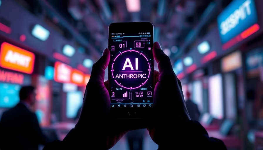 Hands holding smartphone with 'AI ANTHROPIC' against neon lights, employee benefits concept.