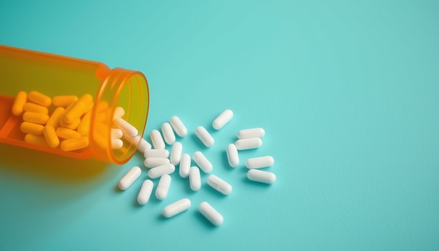 Overturned pill bottle with capsules on turquoise surface.