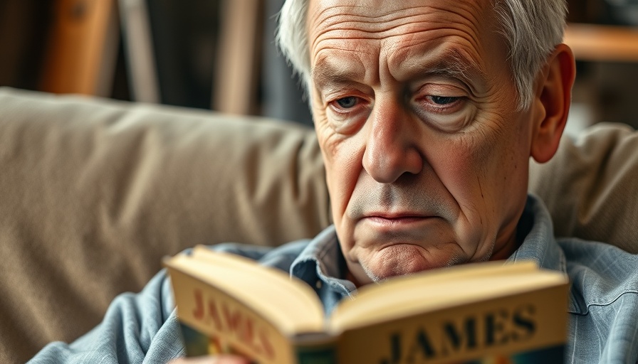 Senior man reading 'James' by Percival Everett for Senior Planet Book Club.