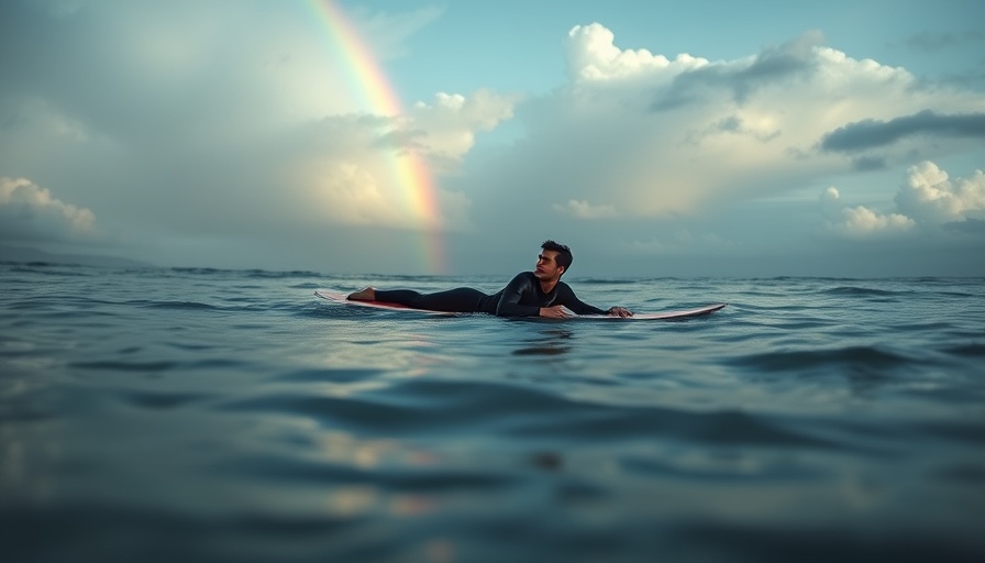 Surfing as a spiritual practice, surfer under rainbow in tranquil ocean.