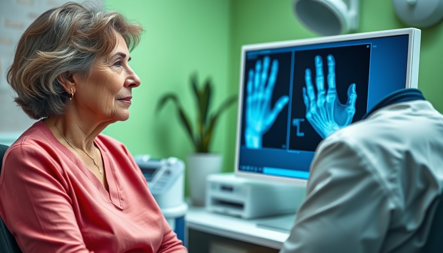 Doctor discussing bone health with senior woman in a clinical office.