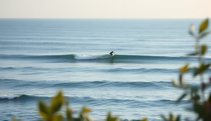 Person surfing a gentle wave in Portugal with calm ocean in view.