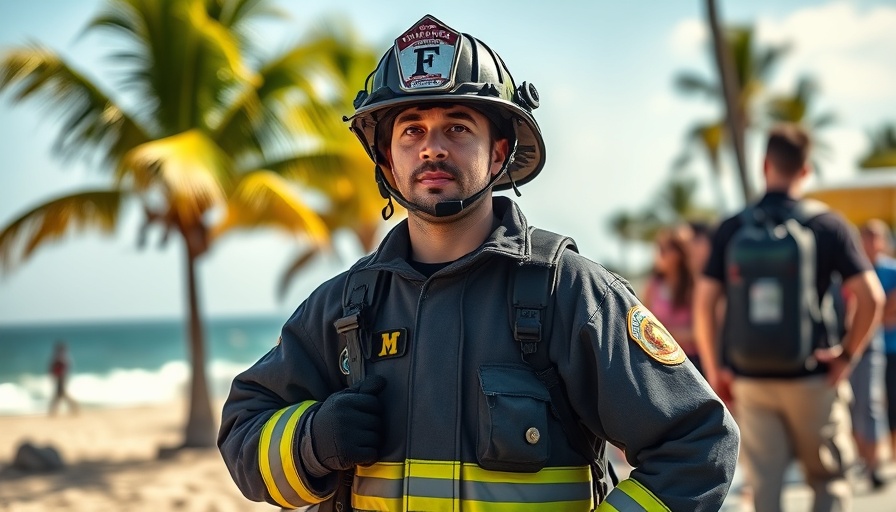 Firefighter promoting Support FireMed Program on sunny beach.