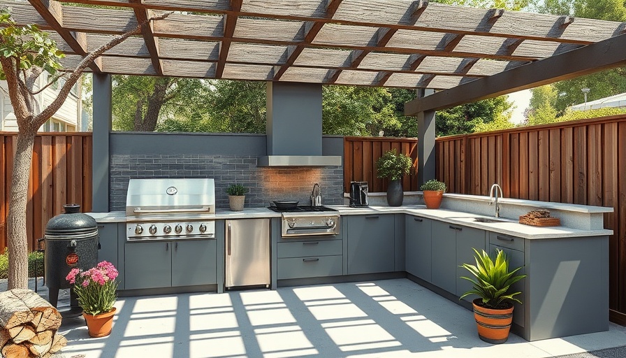 Modern shade pergola outdoor kitchen design with sleek features.