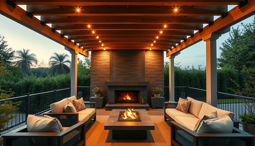 Modern deck design with cozy seating and fireplace.