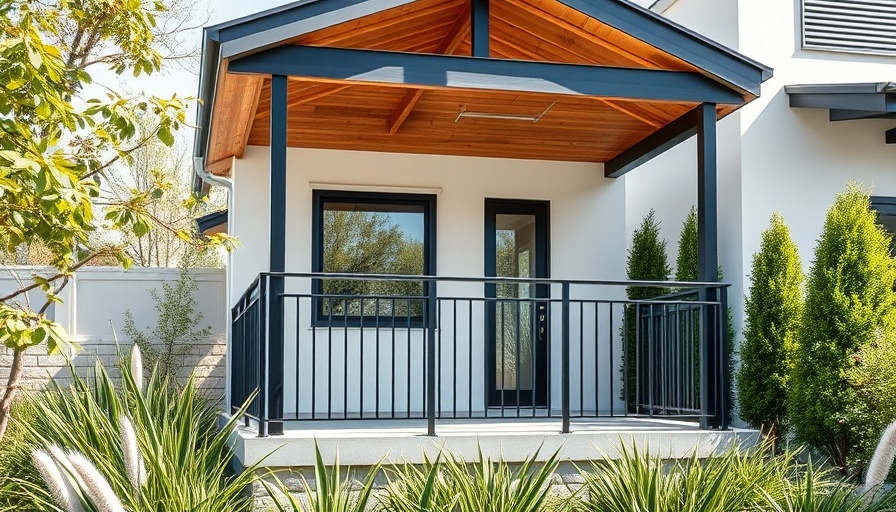 Modern small porch design with wooden overhang and black railings